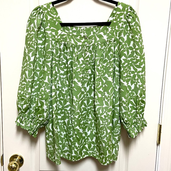 LC Lauren Conrad Green Floral Peasant Cottagecore Large Top Puff Sleeve - Picture 2 of 8